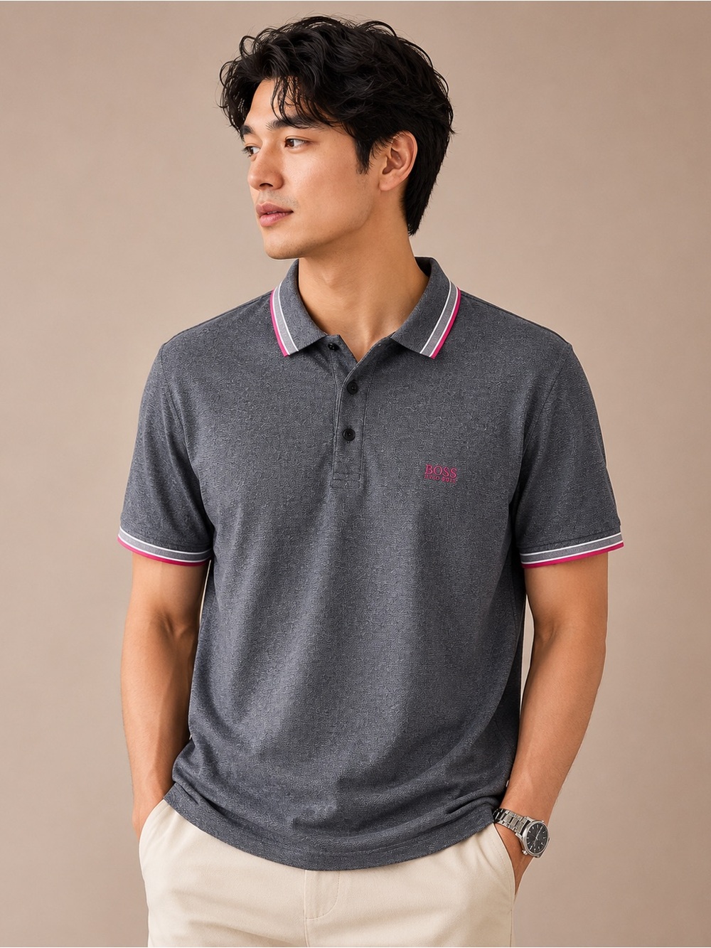 Hugo Boss Paddy Polo‎ Shirt Mens XXL Gray Marl Pink Trim Logo 2X Golfcore